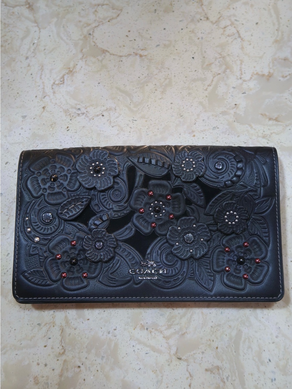 Gorgeous Coach Wallet Black with Embossed Floral Design and Studs